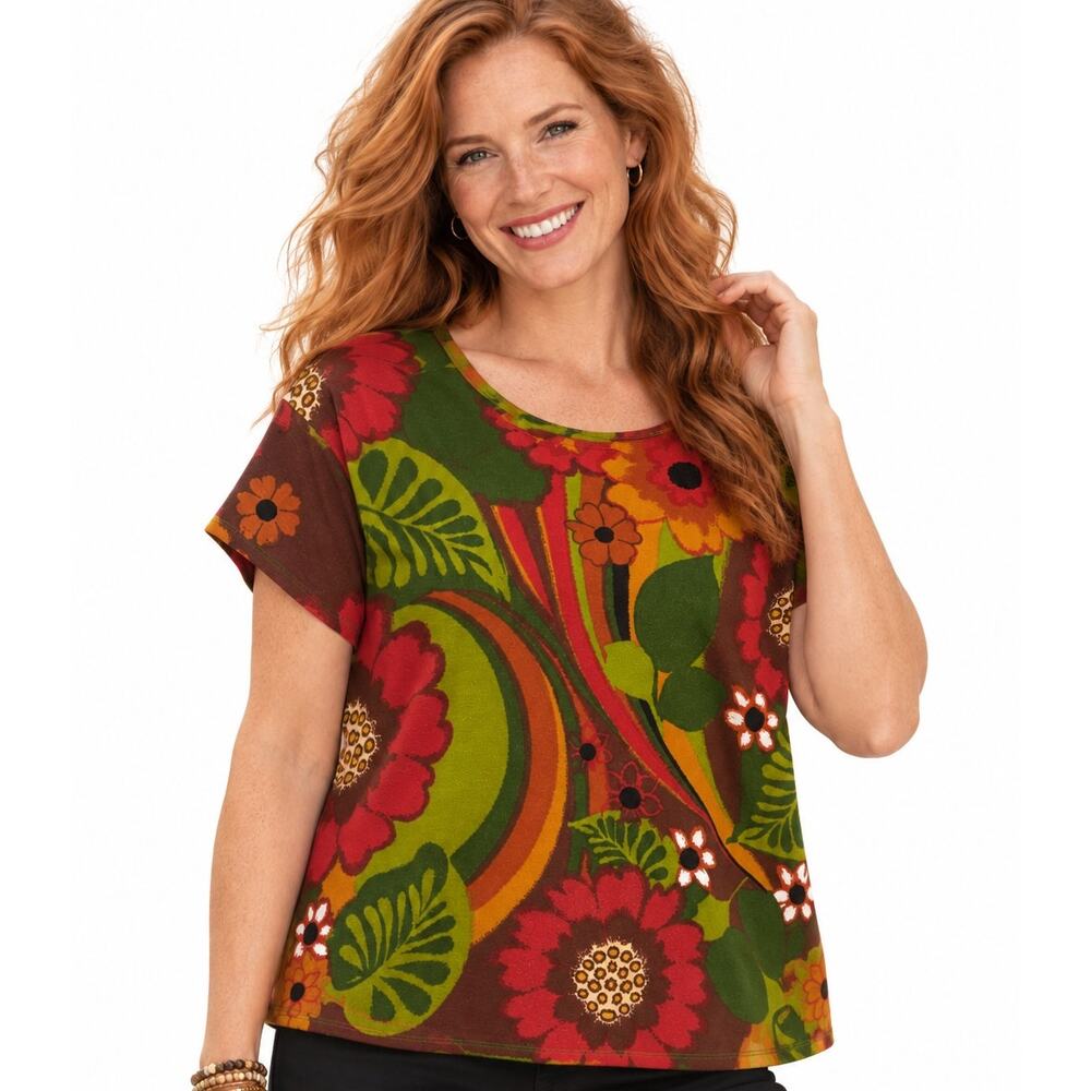Chicos Artsy Floral Knit Top Size 3 (Womens XL) Fall Colors Cotton Casual